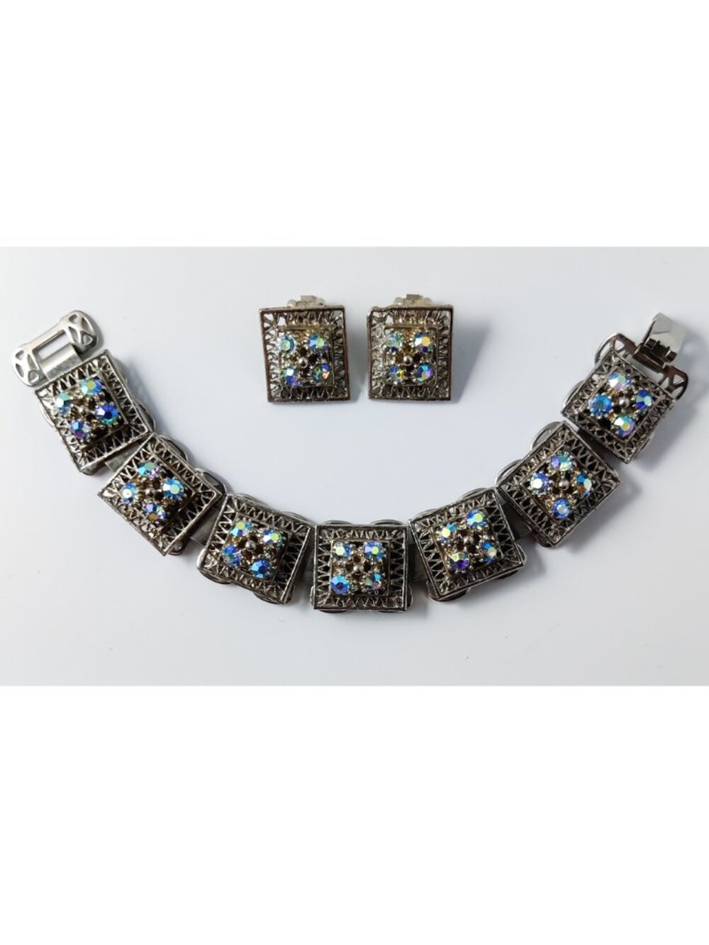 Vintage 1950s Victorian Style Bookchain Bracelet Earrings Filigree AB Crystal